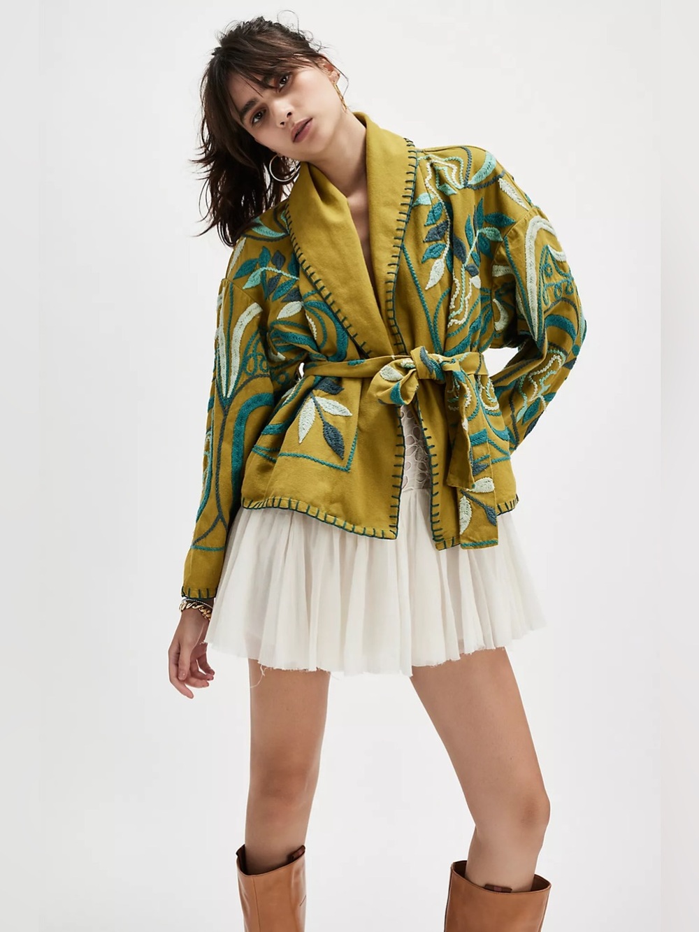 Free People Nori Embroidered Belted Kimono Jacket Green Size XL